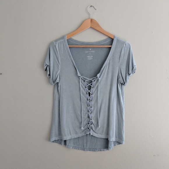 American Eagle Outfitters Tops - American Eagle Lace Up Cropped Shirt Ligut Blue